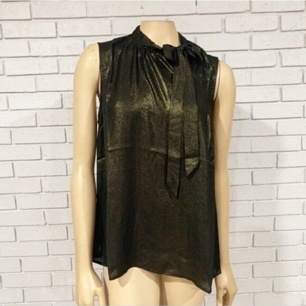 ModCloth Gold Metallic Tie Neck Sleeveless Blouse Shimmer Holiday Party Large - Picture 2 of 5